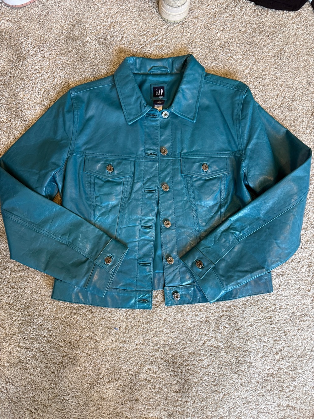 Vintage Y2K GAP Teal Leather Jacket- Early 00s Size Large
